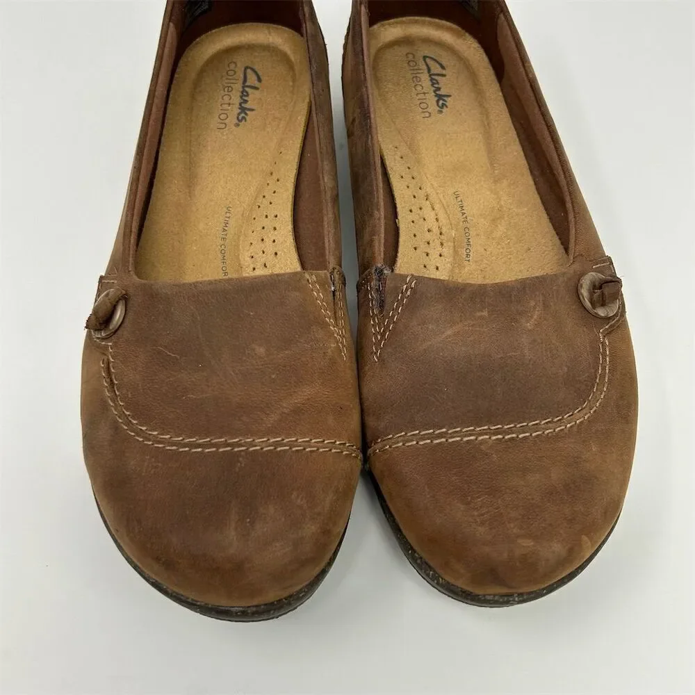 Clarks Women's Roseville Sky Brown Leather Slip-On Loafers Size 10 Wide Comfort
